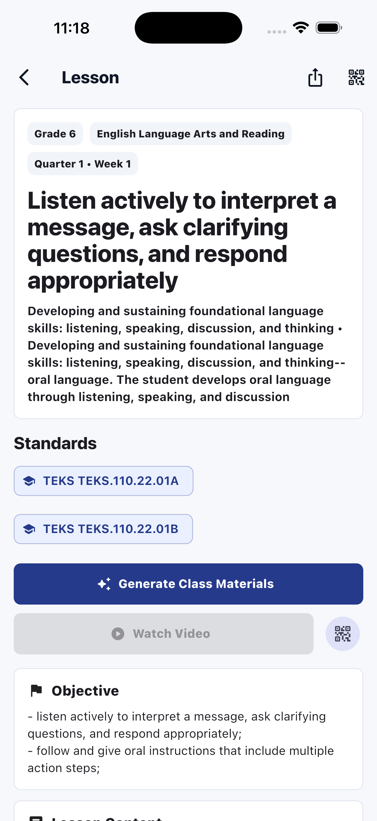 LessonGrid lesson detail screen with standards, teaching notes, and a class materials action.