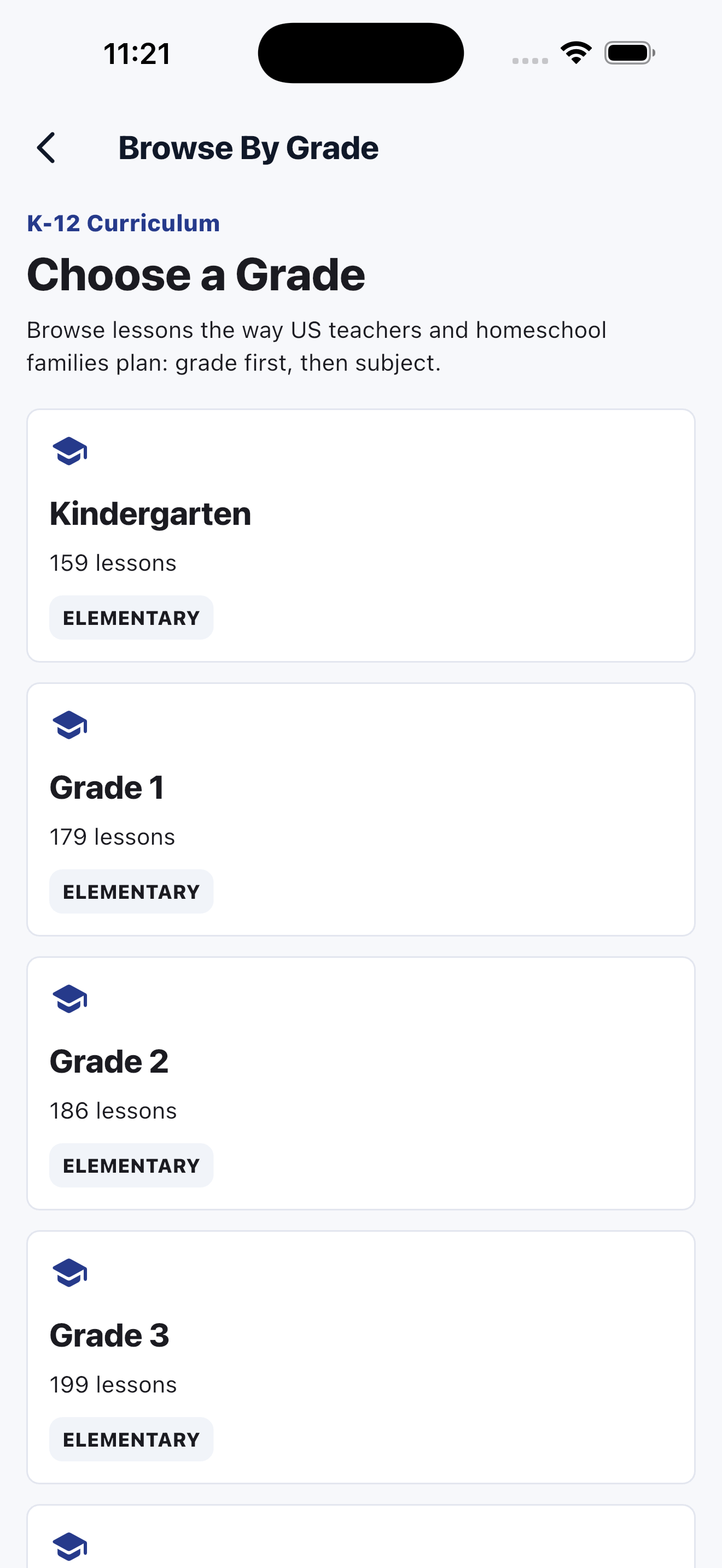 LessonGrid browse by grade screen showing curriculum navigation by grade band.