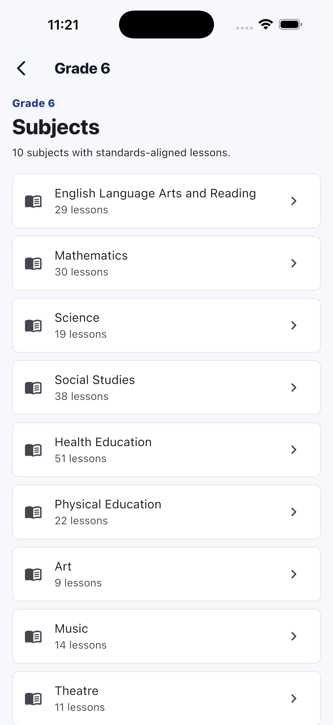LessonGrid subject browser showing subject areas within Grade 6.